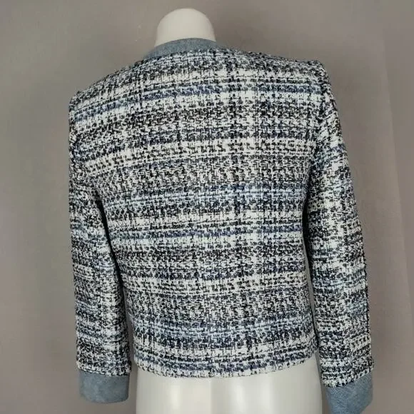 Alice + Olivia Avis Blue Tweed Denim Jean Combo Patch jacket Size Medium - Picture 5 of 16